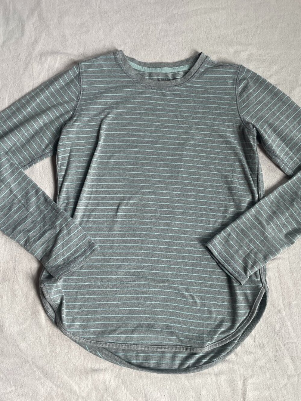 Athleta Girl Gray Long Sleeve Tee with Mint Stripes Girls L/12